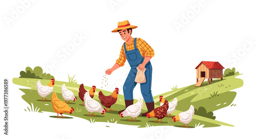 Farmer Feeding Chickens on a Green Hillside with Chicken Coop Illustration