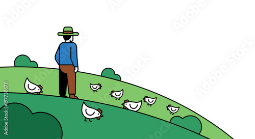 Cartoon Farmer Observing Chickens on Green Hillside, Simple Vector Illustration