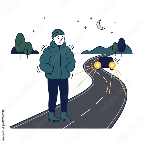 Man standing on road at night feeling cold.