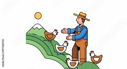 Farmer with Chickens on a Green Hillside, Vector Illustration