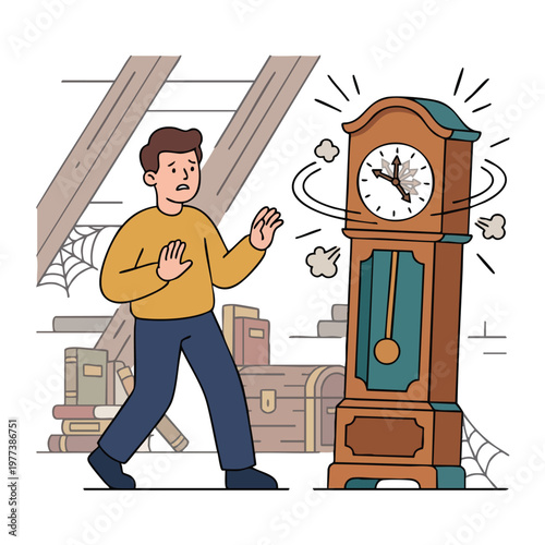 Man startled by grandfather clock in dusty attic.