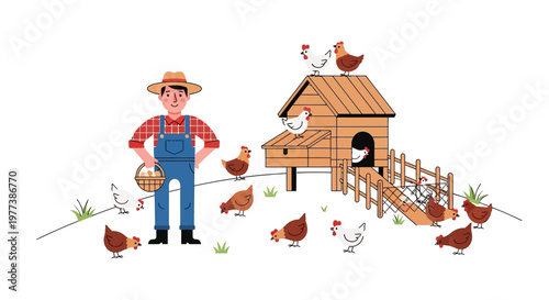 Cheerful Farmer with Basket of Eggs and Chickens at Chicken Coop
