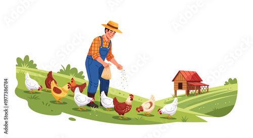Farmer Feeding Chickens on a Green Hillside, Farm Life Illustration
