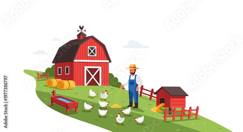 Cartoon Farmer Feeding Chickens in a Red Barnyard with Hay and Coop
