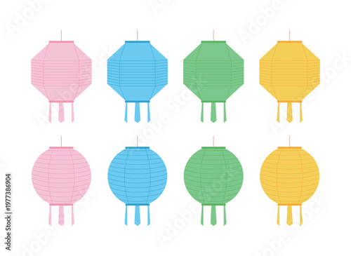 Set of traditional Korean paper lanterns in various colors and shapes. Flat vector illustration of colorful lotus lanterns isolated on white background for Buddha's Birthday and cultural festivals.