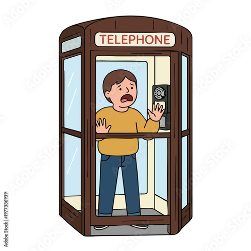 Man trapped inside a telephone booth looking distressed.