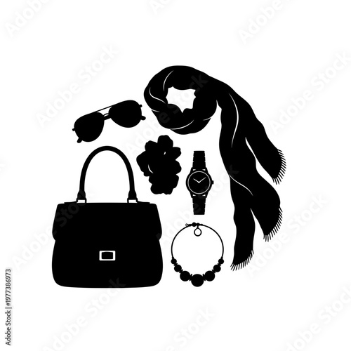 A black silhouette illustration of women's accessories including a handbag, sunglasses, scarf, flower, watch, and bracelet.