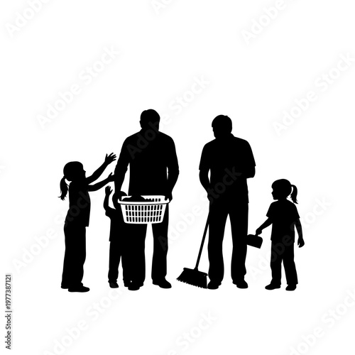 A black silhouette illustration of a family with two adults and three children doing household chores