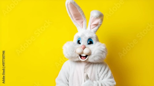 Easter bunny rabbit costume mascot full body studio portrait yellow background, bunny costume character thumbs up smiling