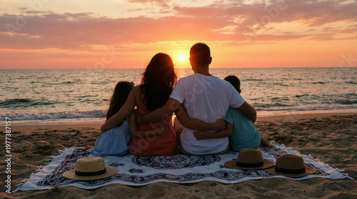 Family sitting on a beach blanket hugging and watching the ocean sunset, parents with two children enjoying a summer vacation, togetherness and coastal relaxation.