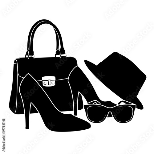 A minimalist vector graphic illustration of fashionable accessories including a handbag, high heel, hat, and sunglasses.