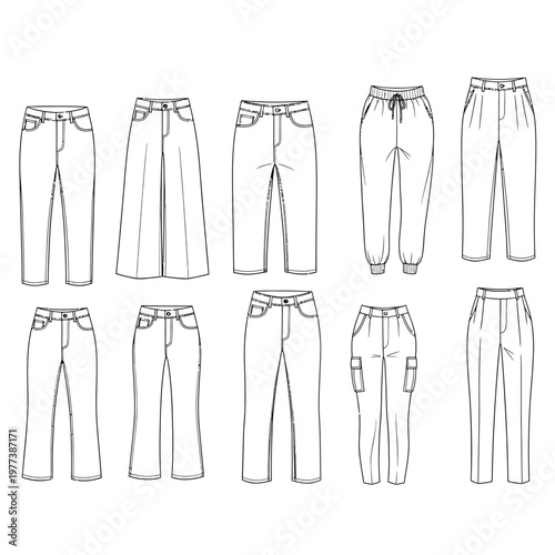A collection of various pant styles illustrated in a minimalist line art design