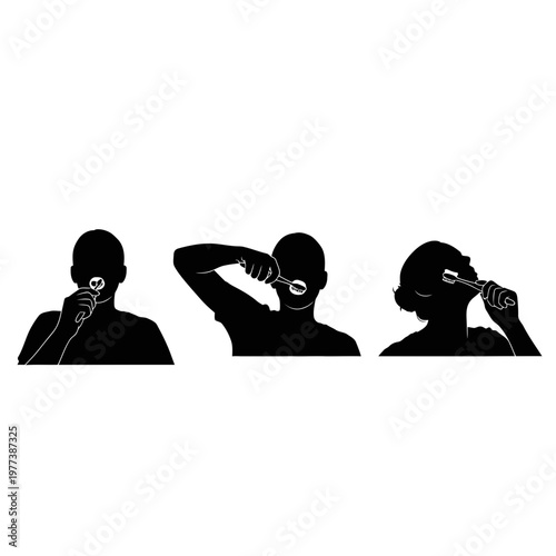 A vector graphic illustration of three silhouetted people shaving with electric razors
