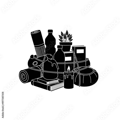 A minimalist vector illustration of a self-care and wellness bundle with various items