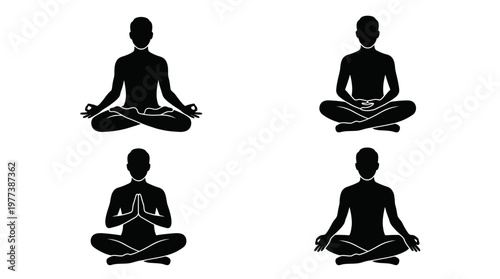 Meditation Man Silhouette Vector Set Calm Yoga Poses in Clean Grid Layout