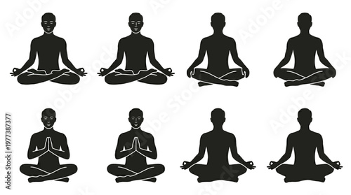 Meditation Man Silhouette Vector Set Calm Yoga Poses in Clean Grid Layout
