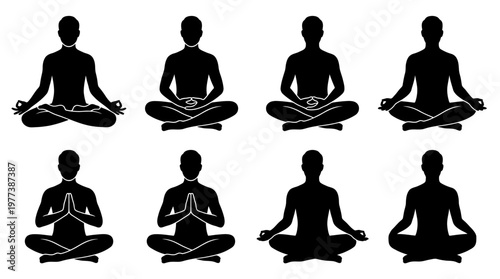 Meditation Man Silhouette Vector Set Calm Yoga Poses in Clean Grid Layout