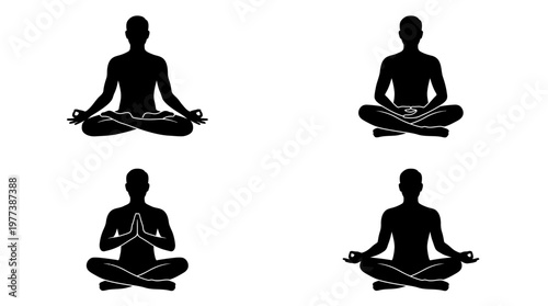 Meditation Man Silhouette Vector Set Calm Yoga Poses in Clean Grid Layout
