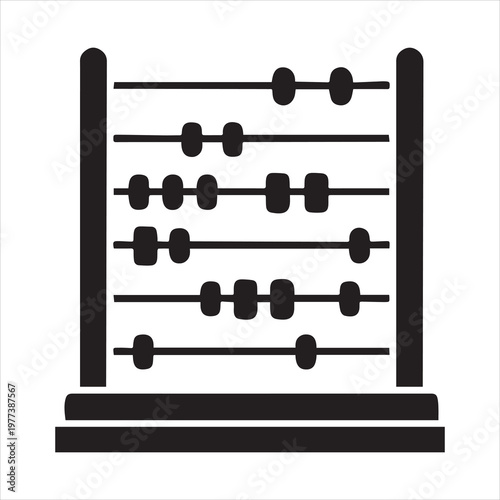 Detailed black vector silhouette of a traditional abacus with multiple beads and wires, illustrating calculation and math concepts.