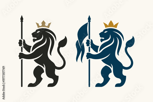 Professional Heraldic Lion Rampant Crown Logo: Royal Crest Mascot Holding Flag and Spear Silhouette Vector Design