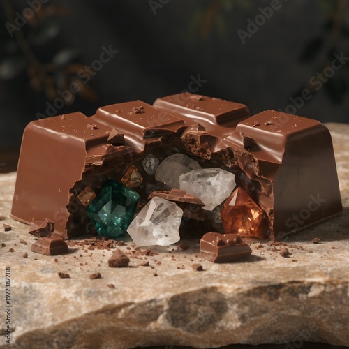 Luxury Chocolate Bar Broken Open Revealing Crystals and Gemstones Inside – Surreal Wealth, Hidden Value, Premium Concept Art
