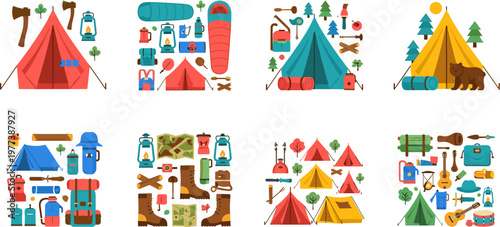 Amusement Park and Circus Ride Icon Set with Colorful Attractions