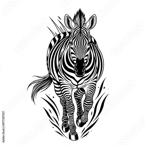 A striking black and white illustration of a zebra charging forward with stylized elements.
