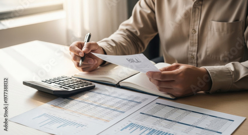 Deduction planning, debt asian accountant hand using calculator to calculating money balance from bill and income, cost budget expenses for pay money form personal individual on table at home. 