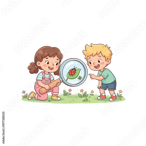 Children looking at a ladybug closely.