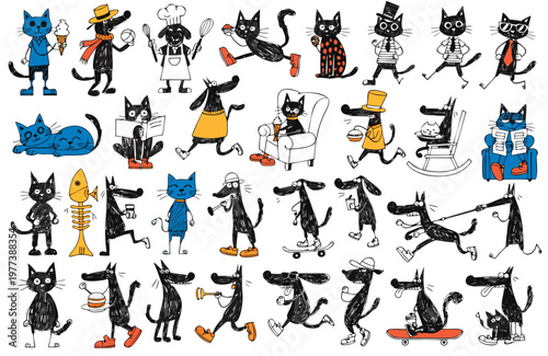 Humorous cats drawn with sketch-style outlines. Adorable hand-drawn sketches of dogs and cats. Everyday scenes of pets and rough, sketch-style line art. Hand-drawn style vector illustrations set again