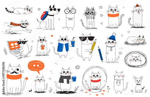 Humorous cats drawn with sketch-style outlines. Adorable hand-drawn sketches of dogs and cats. Everyday scenes of pets and rough, sketch-style line art. Hand-drawn style vector illustrations set again