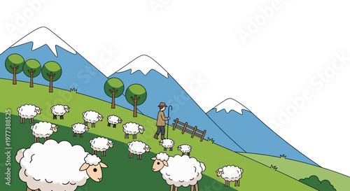 Cartoon Sheep Grazing on Green Hillside with Shepherd and Mountains
