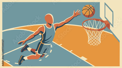 Stylized illustration of a basketball player jumping to shoot on court