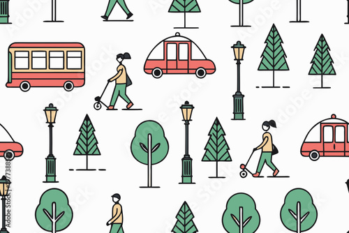 A colorful vector graphic illustration of a city street scene with people, vehicles, trees, and streetlights on a white background