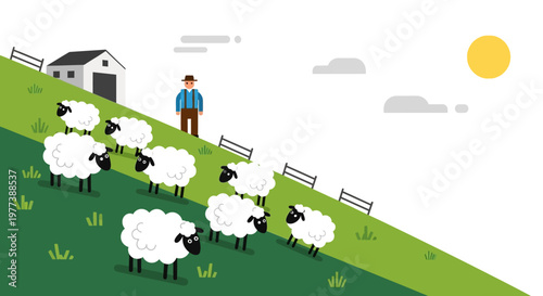 Cartoon Sheep Grazing on Green Hillside with Black Faces and Woolly Coats