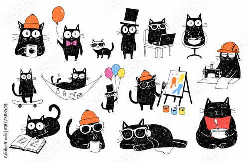 Humorous cats drawn with sketch-style outlines. Adorable hand-drawn sketches of dogs and cats. Everyday scenes of pets and rough, sketch-style line art. Hand-drawn style vector illustrations set again