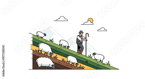 Vector Illustration of a Shepherd with Sheep on a Hillside