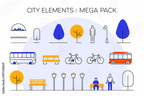 A collection of city elements in a modern flat design style for use in graphic design projects and urban planning illustrations