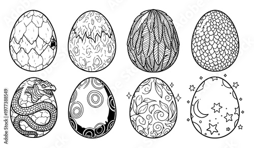 A set of eight intricately designed eggs in various patterns and styles