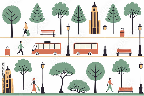 A vibrant city park scene with people walking, buses, and trees in a flat, minimalist vector illustration