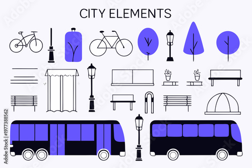 A collection of city elements including buses, bicycles, trees, and street lamps in a flat, minimalist design style.