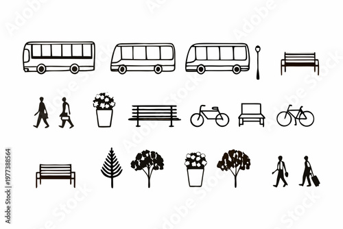 A set of black and white vector icons depicting urban transportation and park elements