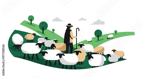 Stylized Shepherd with Staff and Flock of Sheep on Green Hill