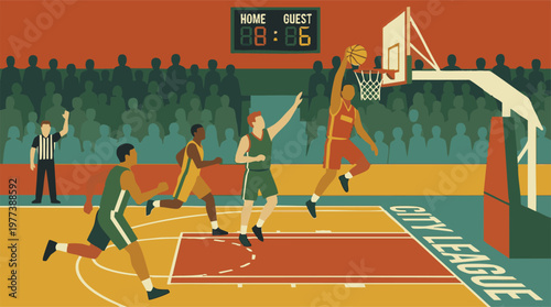Retro basketball game illustration: players, referee, scoreboard, and crowd.