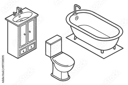 A minimalist line art illustration of a bathroom setup featuring a sink, toilet, and bathtub in a simple and clean design