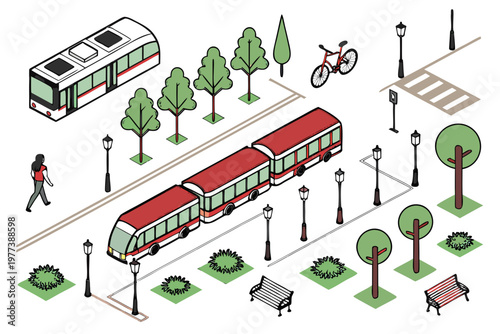 A vibrant city street scene featuring a red and green bus, trees, streetlights, and a pedestrian walking alongside a bike rider.
