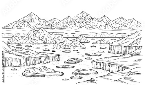 A minimalist line art illustration of a mountainous landscape with cliffs and rocks