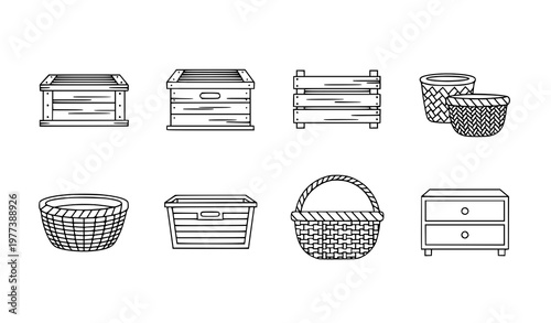 A set of black and white line art illustrations of various baskets and containers