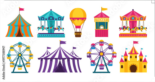 Amusement Park and Circus Ride Icon Set with Colorful Attractions