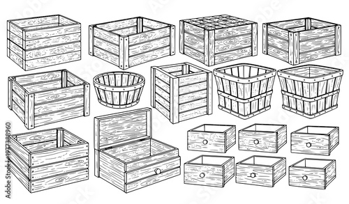 A collection of wooden crates and boxes in a simple line art style